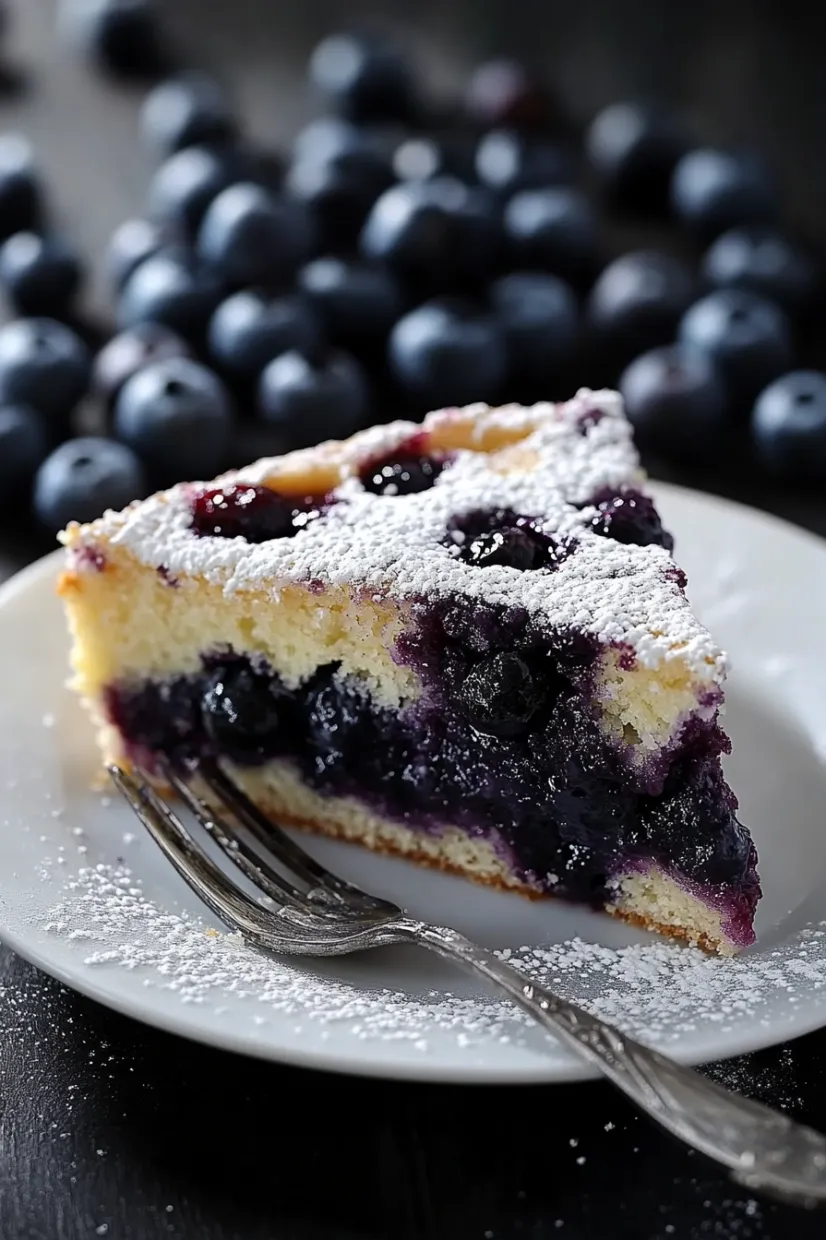 A slice of blueberry cake with white powdered sugar on a plate.