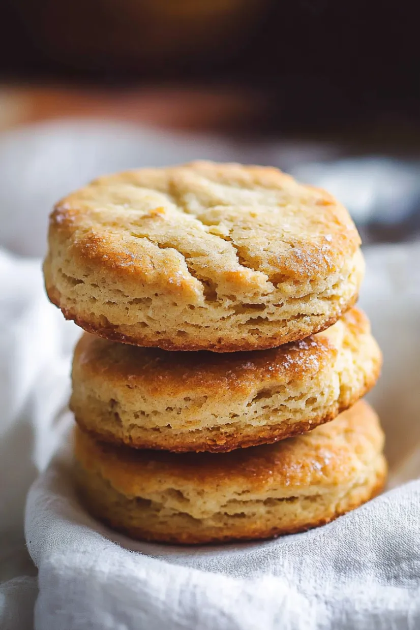 Three biscuits stacked on a white cloth.