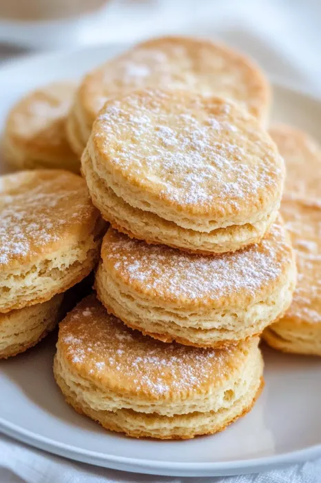 A stack of powdered sugar covered cookies.