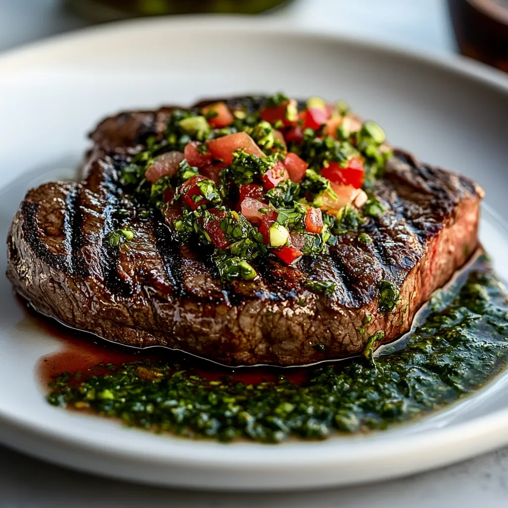 A plate of meat with tomatoes and green sauce.