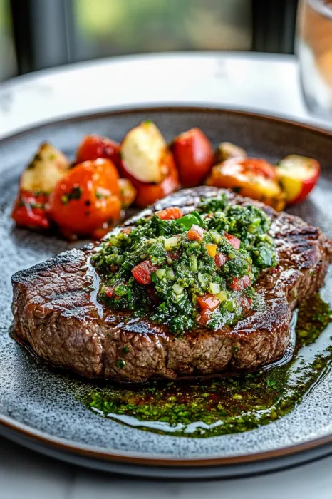 A plate of food with a steak covered in green sauce.