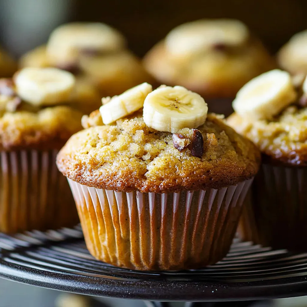 A plate of muffins with bananas on top.