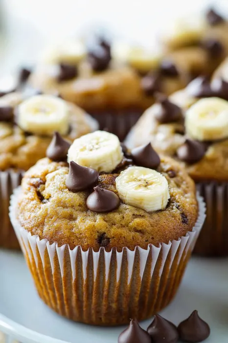 A cupcake with banana slices and chocolate chips.
