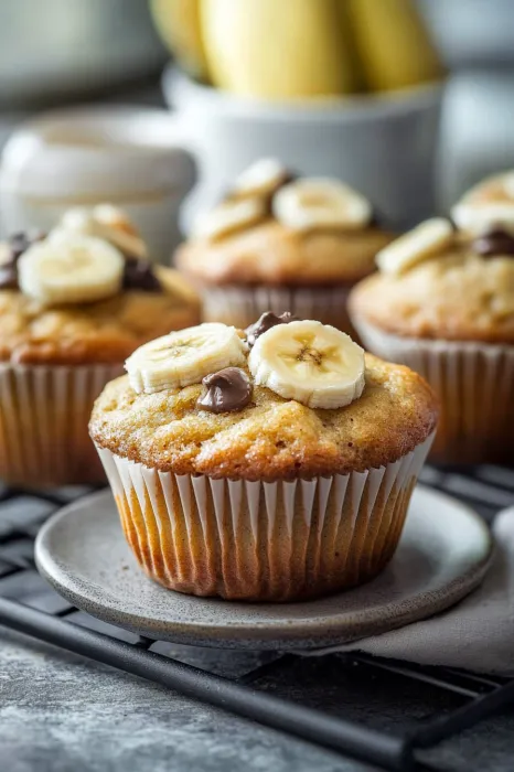 A cupcake with bananas and chocolate.