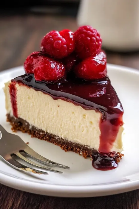 A slice of cheesecake with raspberries on top.