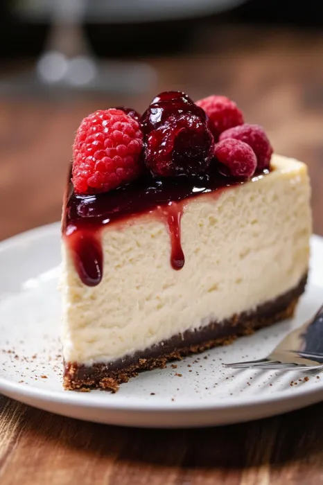 A slice of cheesecake with raspberries on top.