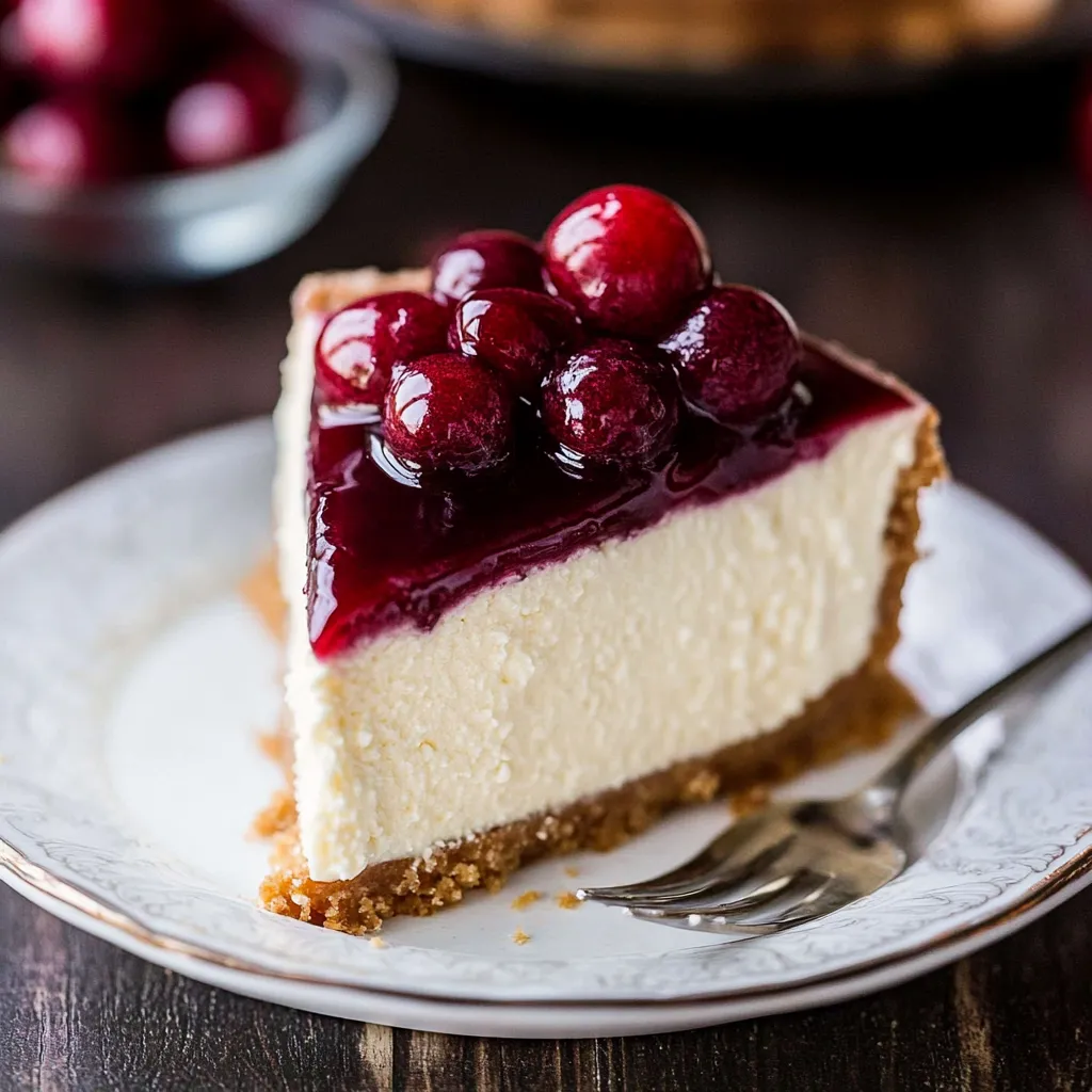 A slice of cheesecake with cherries on top.