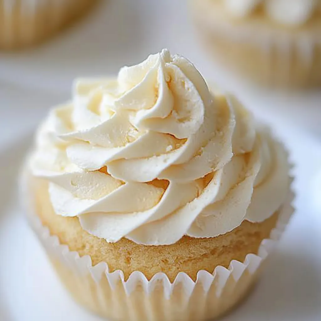 A cupcake with white frosting.