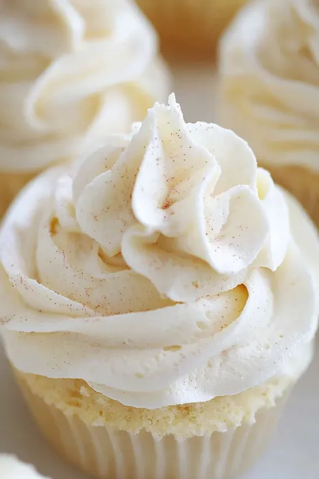 A cupcake with white frosting and a sprinkle on top.