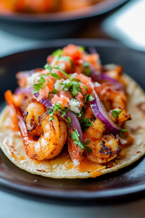 A plate of food with shrimp and tomatoes.