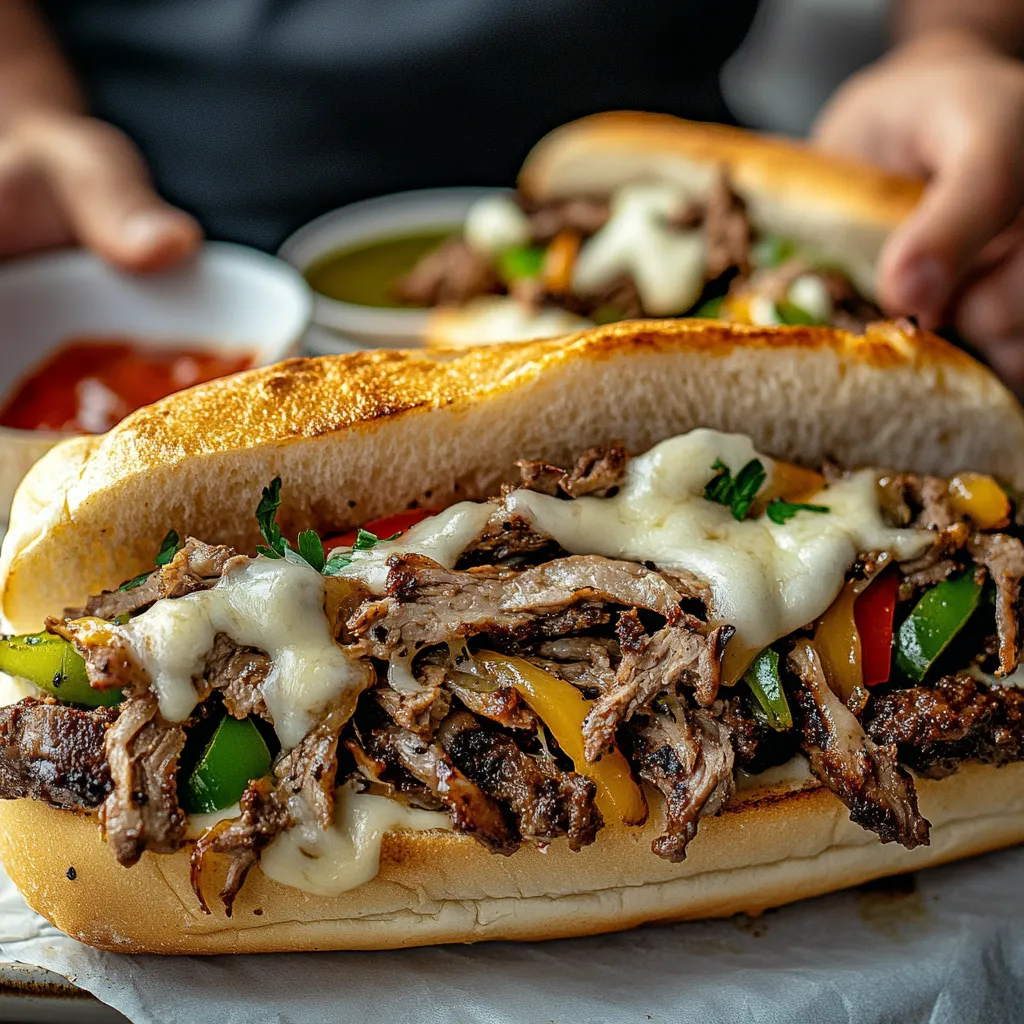 A sandwich with meat and cheese.