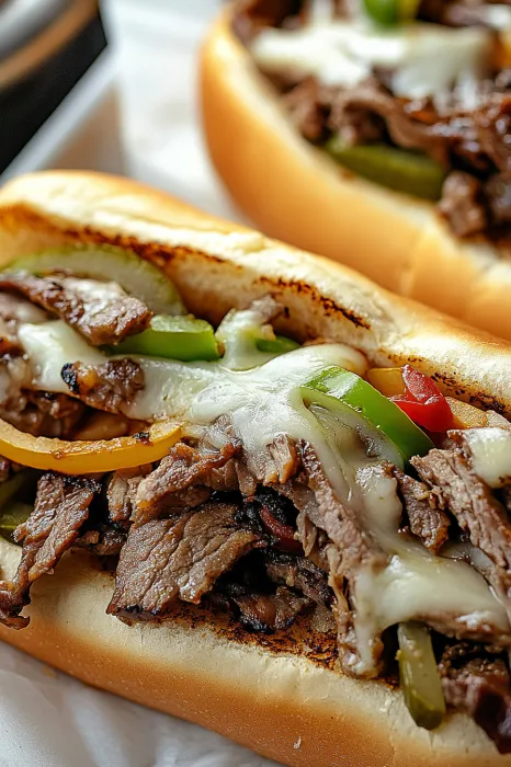 A close up of a sandwich with meat and cheese.