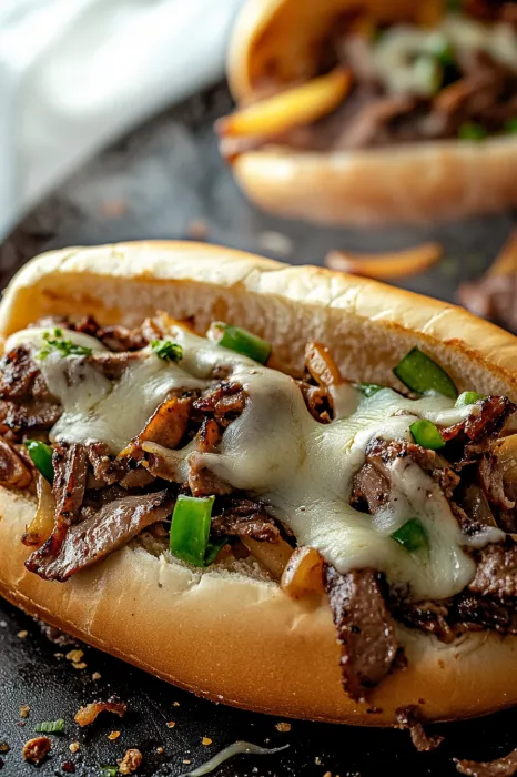 A close up of a sandwich with meat and cheese.