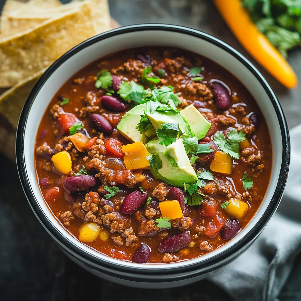 A bowl of chili with a slice of avocado on top.