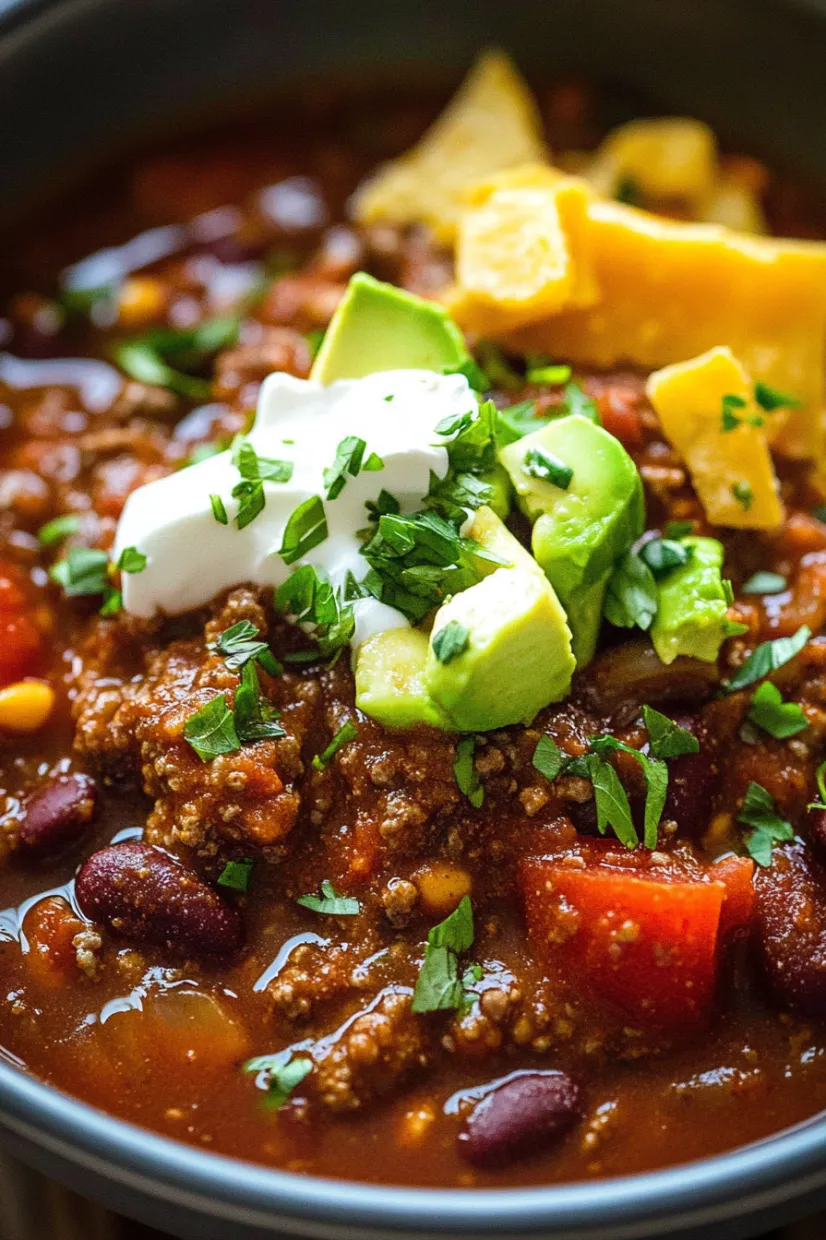 A bowl of chili with avocado and sour cream.