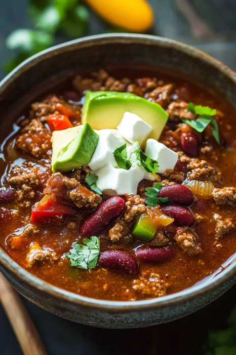 A bowl of chili with avocado and sour cream on top.