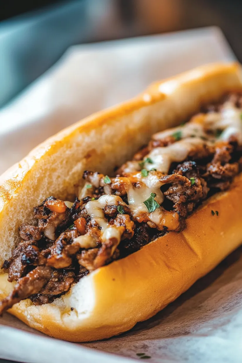 A sandwich with meat and cheese.