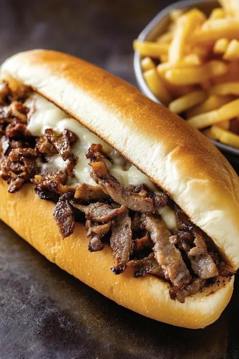 A sandwich with meat and cheese.