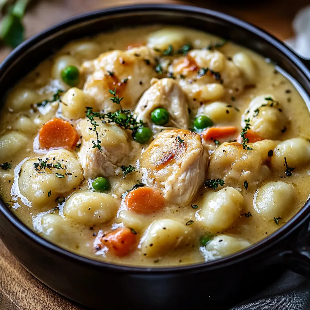 A bowl of soup with chicken and peas.