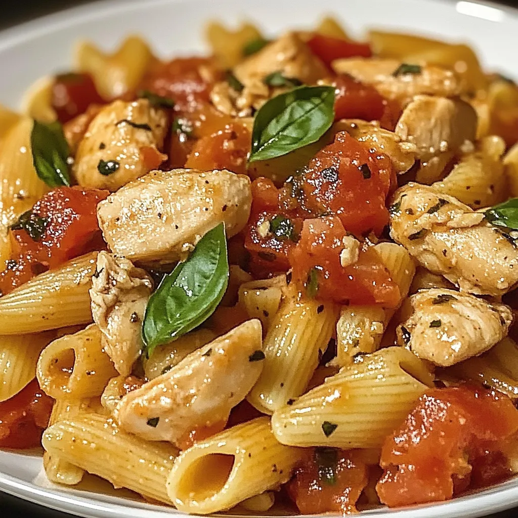 A bowl of pasta with chicken and tomatoes.
