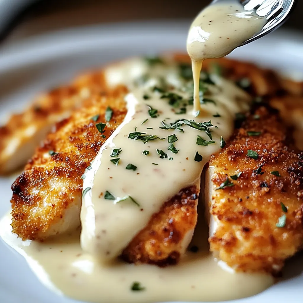 A white plate with chicken and sauce.