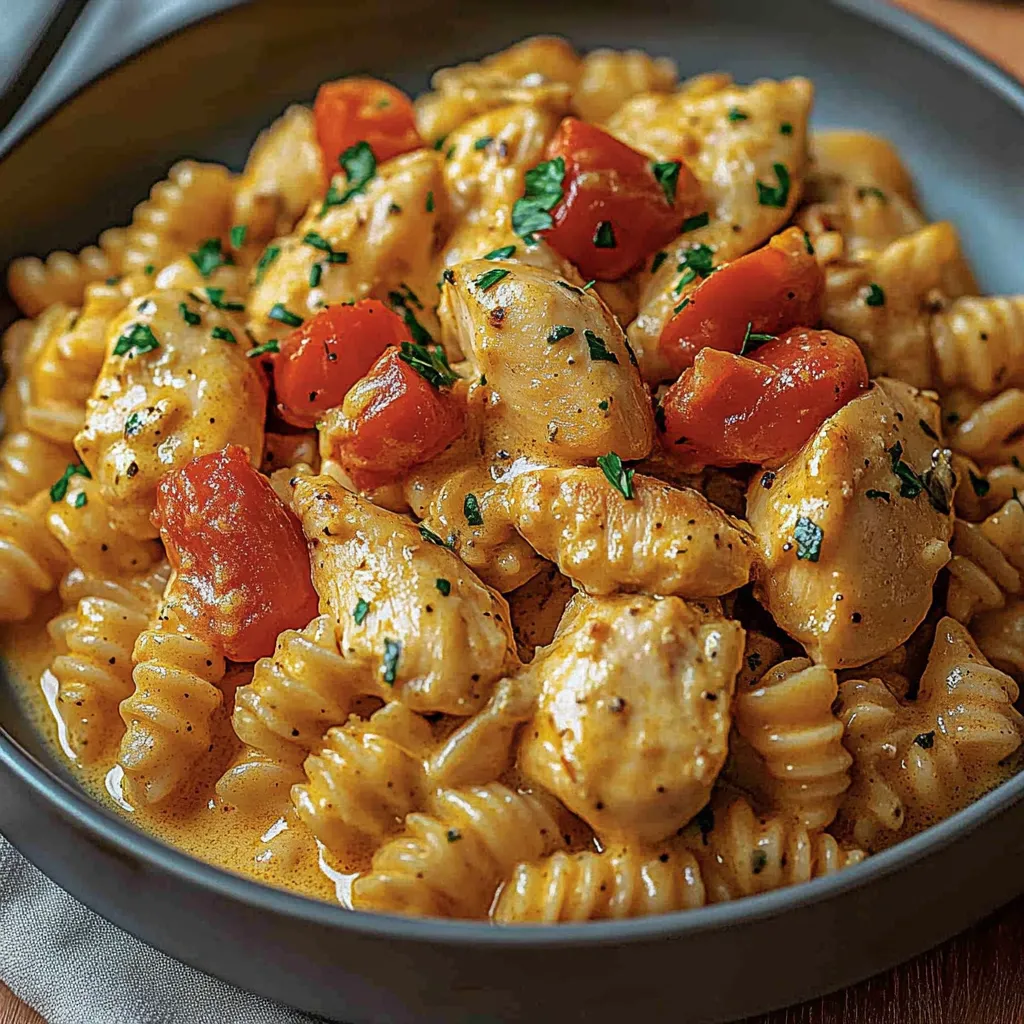 A bowl of pasta with chicken and tomatoes.