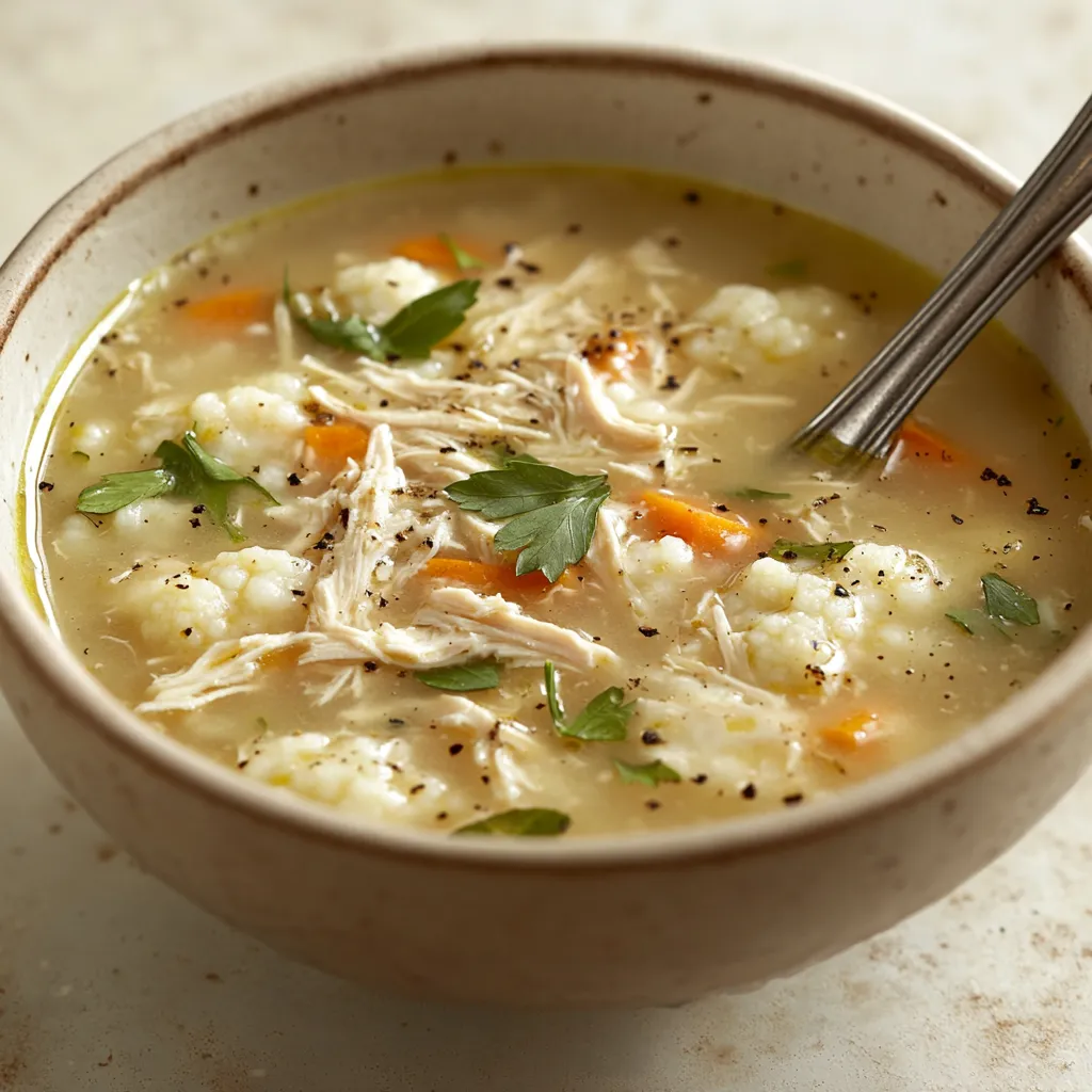 A bowl of soup with chicken and vegetables.