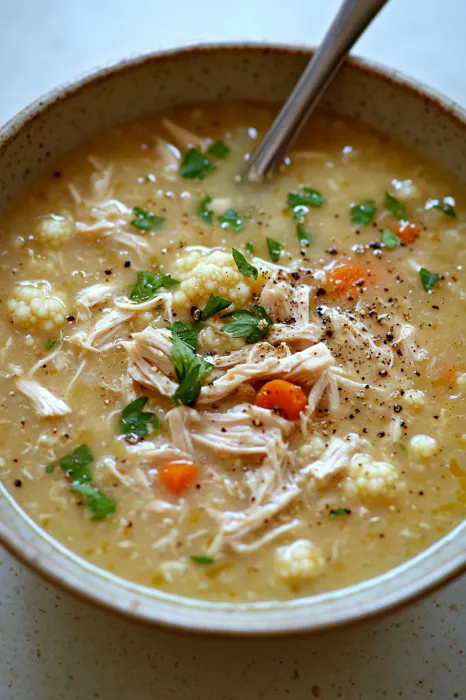 A bowl of soup with chicken and vegetables.