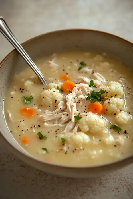 A bowl of soup with a spoon in it.
