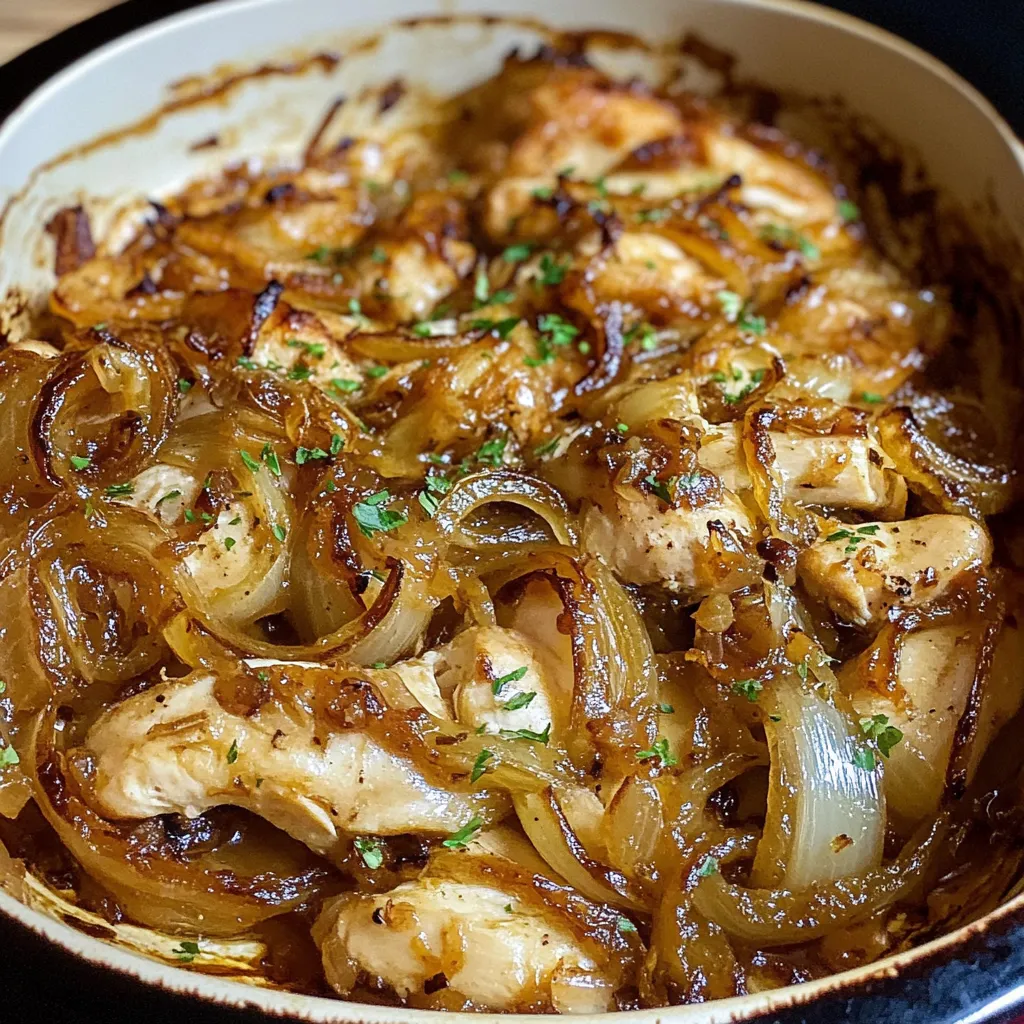 A bowl of chicken with onions and herbs.