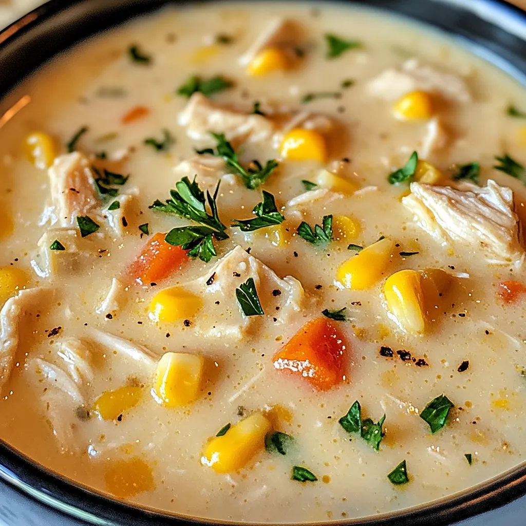 A bowl of soup with chicken and vegetables.