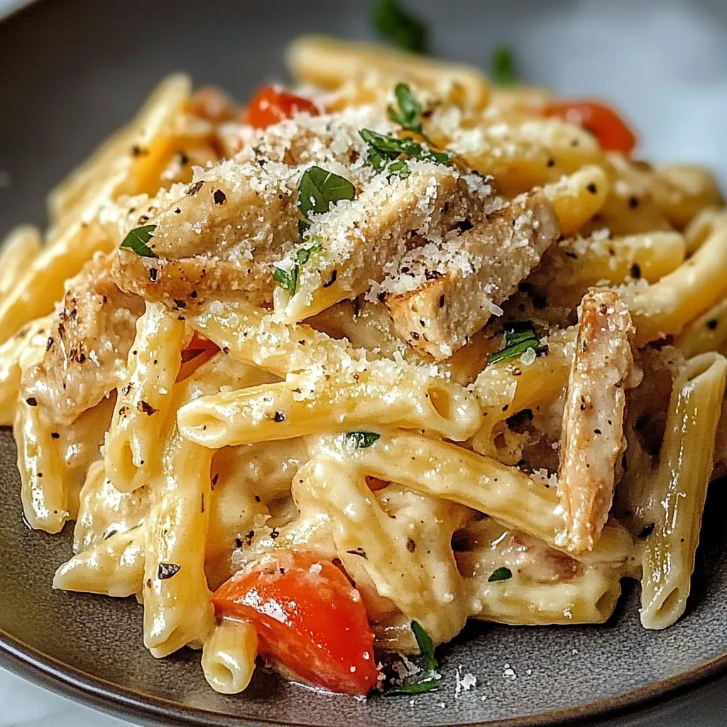 A plate of pasta with chicken and tomatoes.