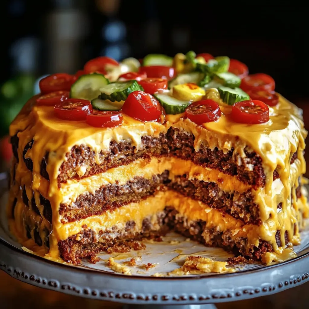 A slice of cake with tomatoes and cucumbers on top.