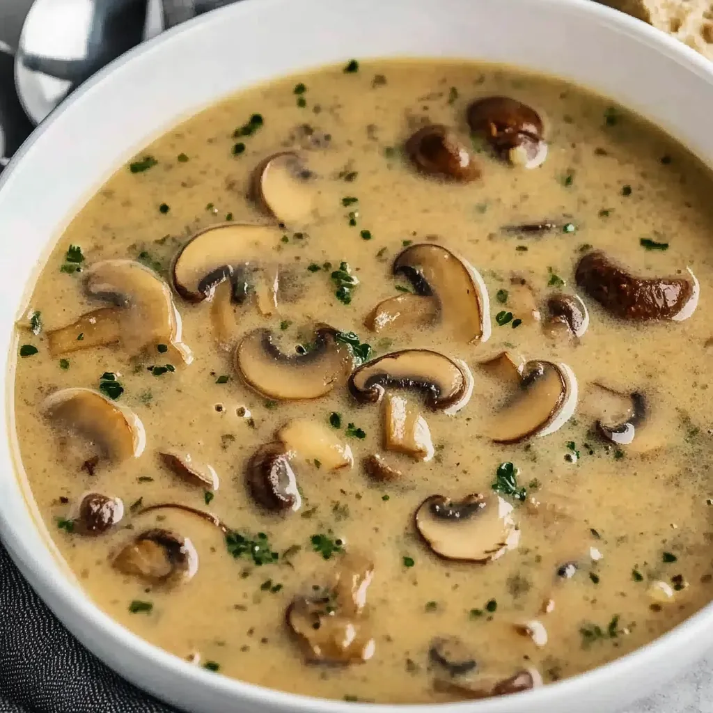 A bowl of soup with mushrooms and herbs.