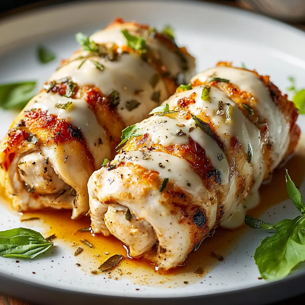 Two pieces of chicken with cheese and herbs on a plate.