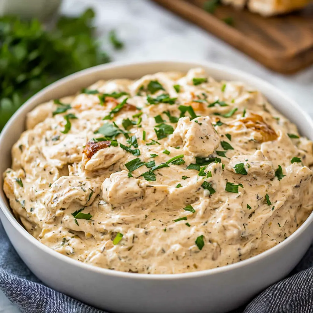 A bowl of chicken salad with herbs.