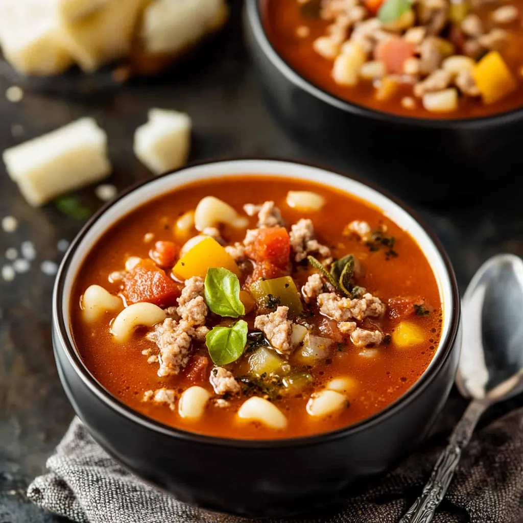 A bowl of soup with meat and vegetables.