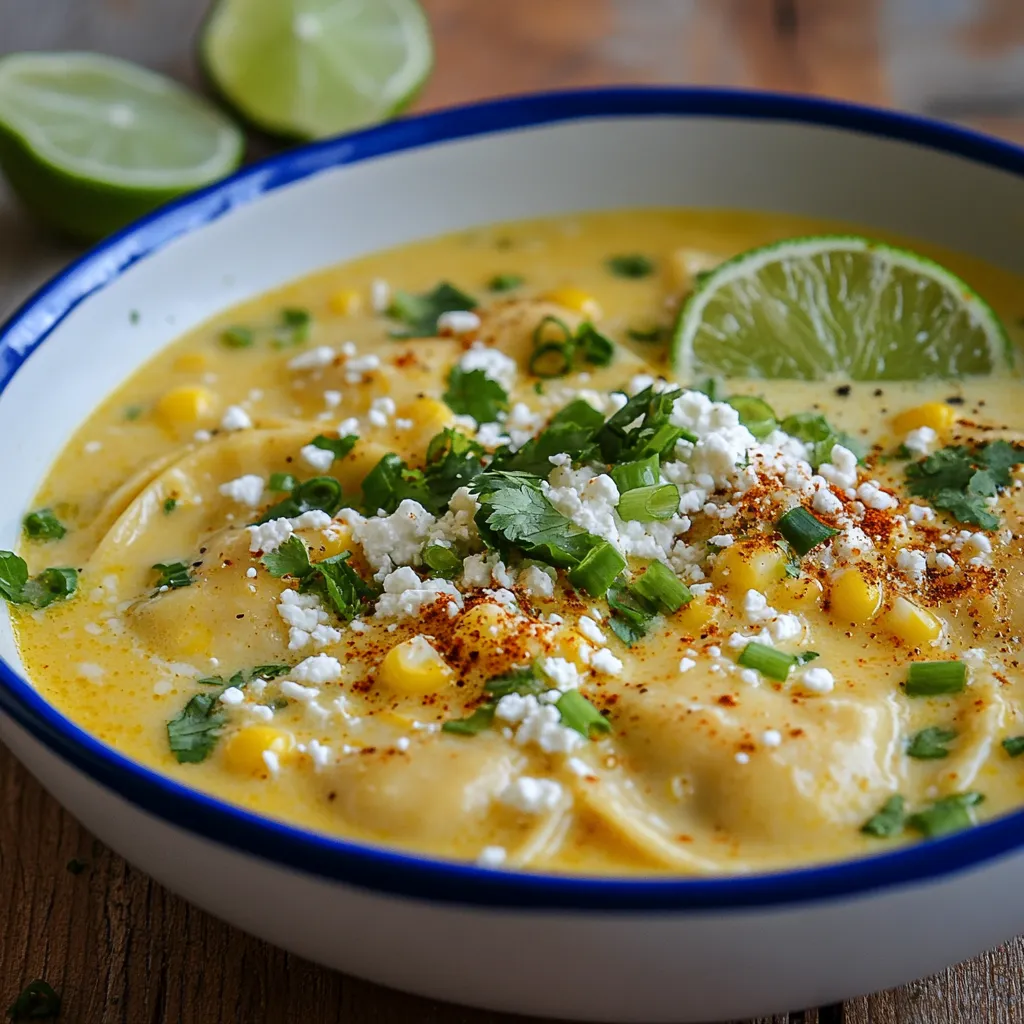 A bowl of soup with corn and lime.