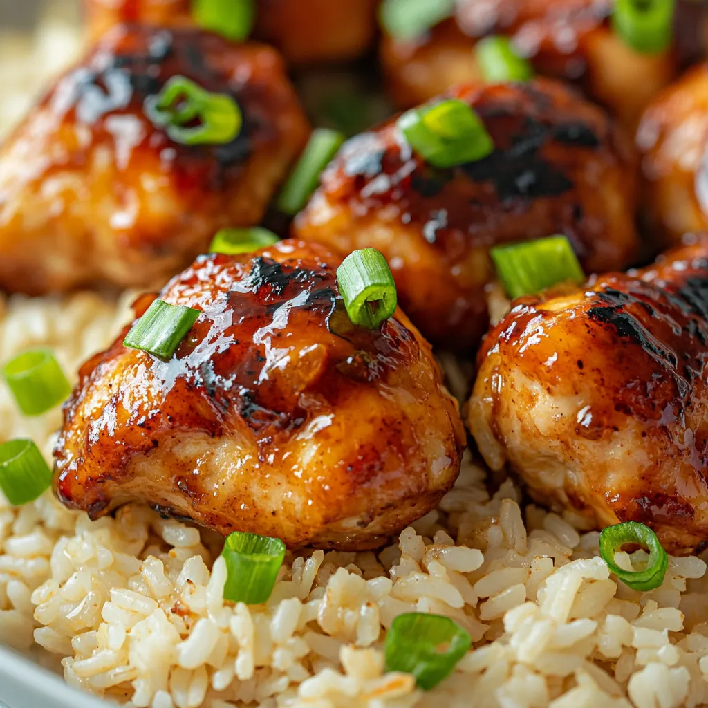 A plate of rice with chicken and green onions.