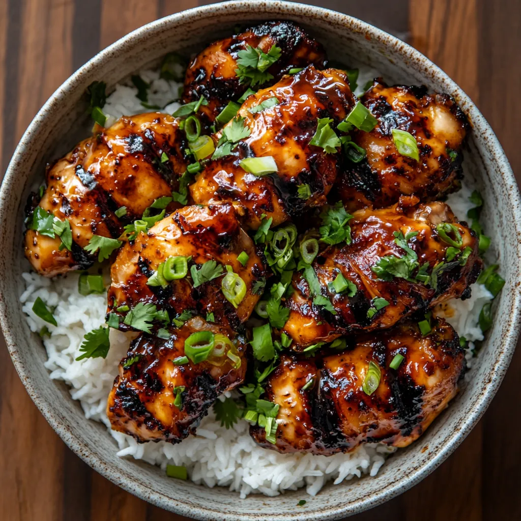 A bowl of rice with chicken and vegetables.