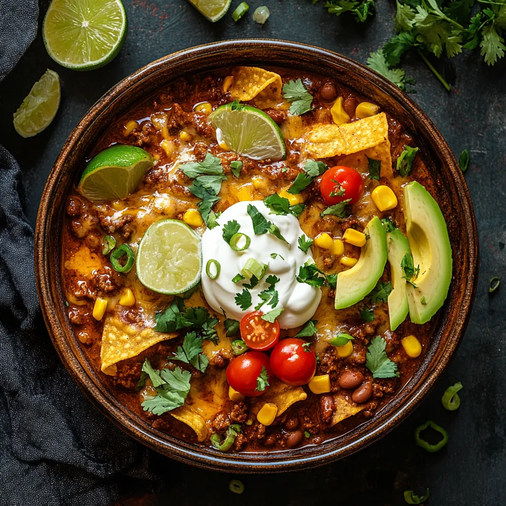 A bowl of chili with avocado, tomatoes, and limes.