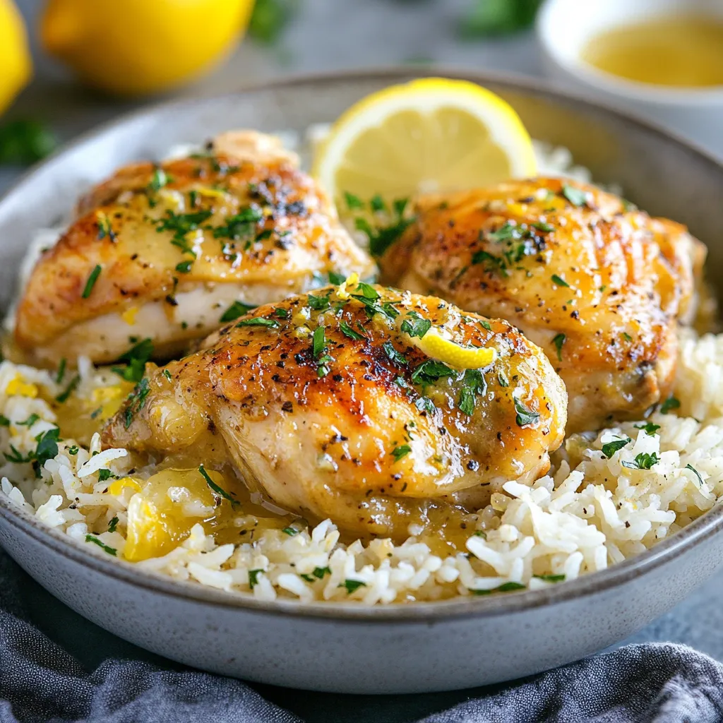 A plate of chicken with rice and lemon.