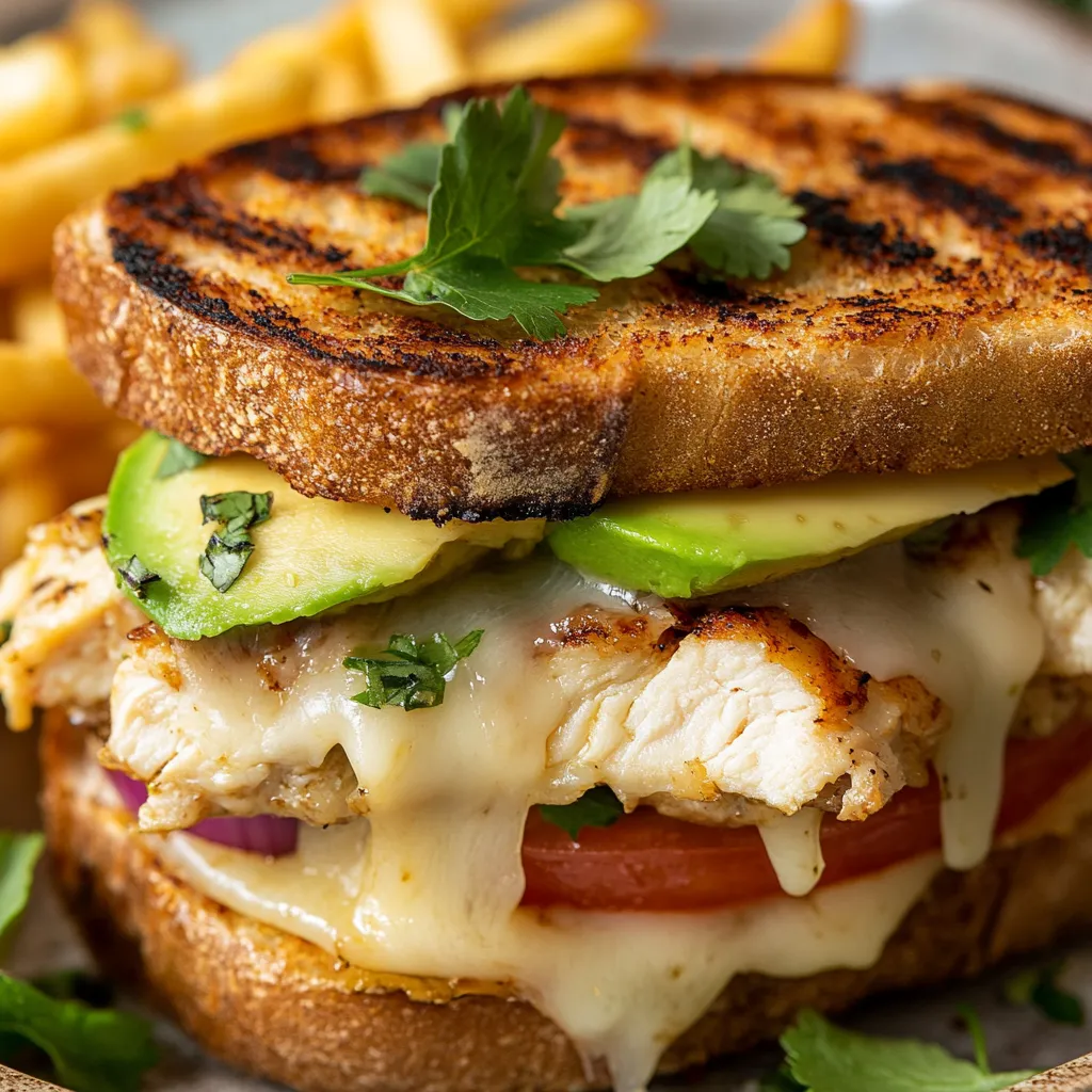A sandwich with chicken, avocado, and tomato.