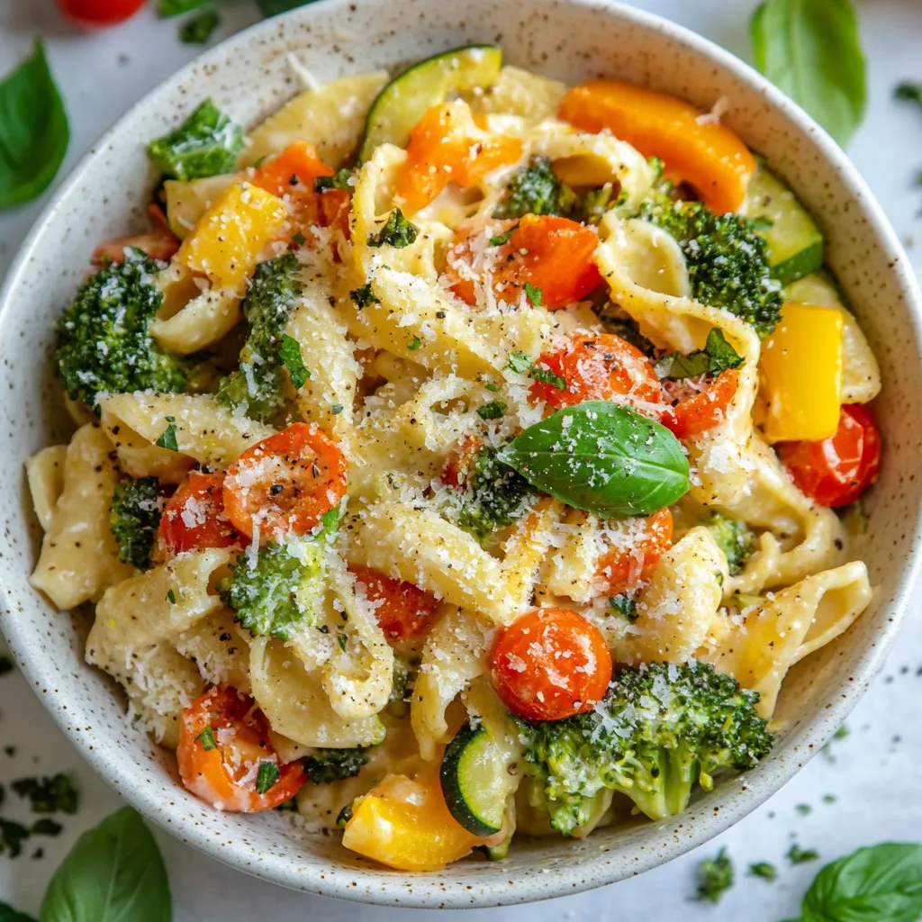 A bowl of pasta with tomatoes, broccoli, and zucchini.