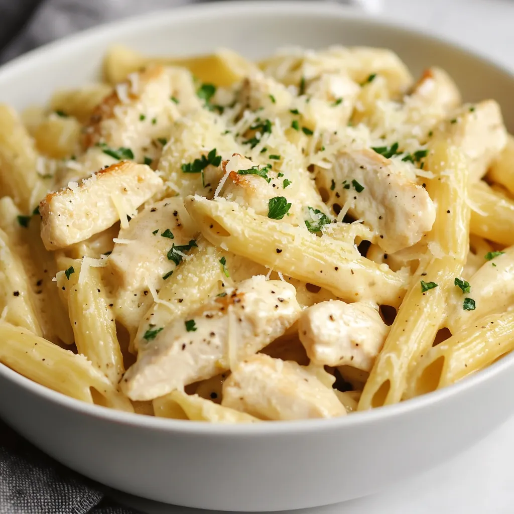 A bowl of pasta with chicken and cheese.