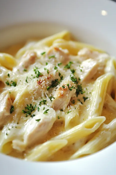 A bowl of pasta with chicken and cheese.