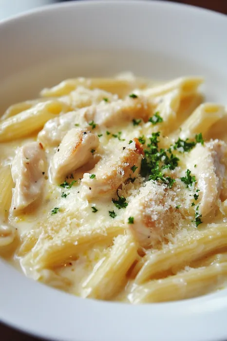 A plate of pasta with chicken and cheese.