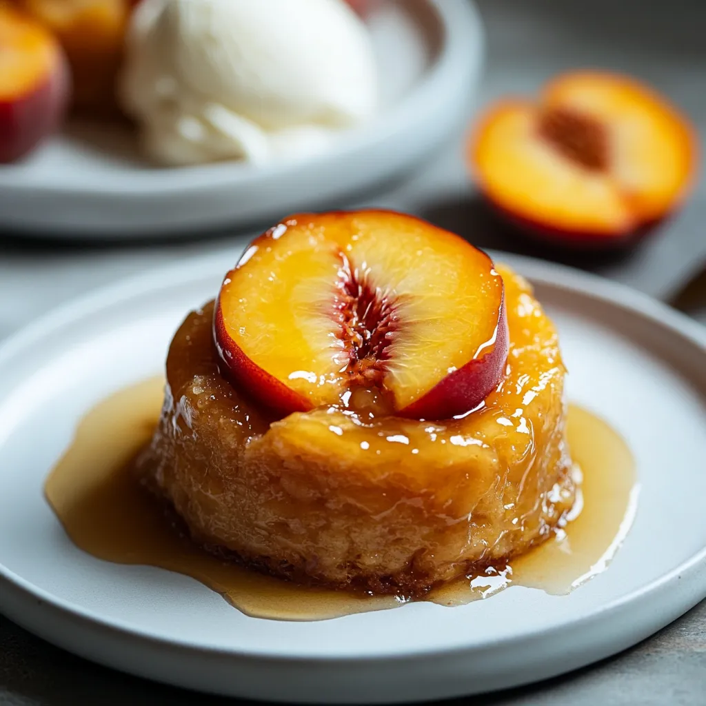 A peach cobbler dessert with a scoop of ice cream on top.