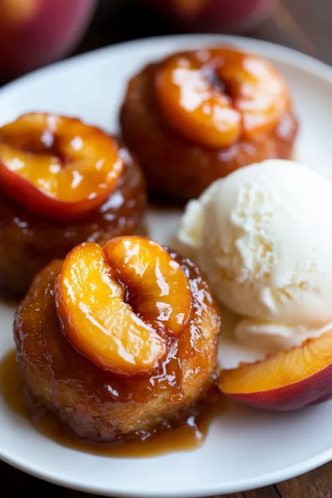 Peaches and ice cream on a plate.
