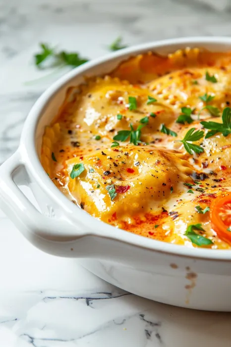 A bowl of pasta with tomatoes and herbs.